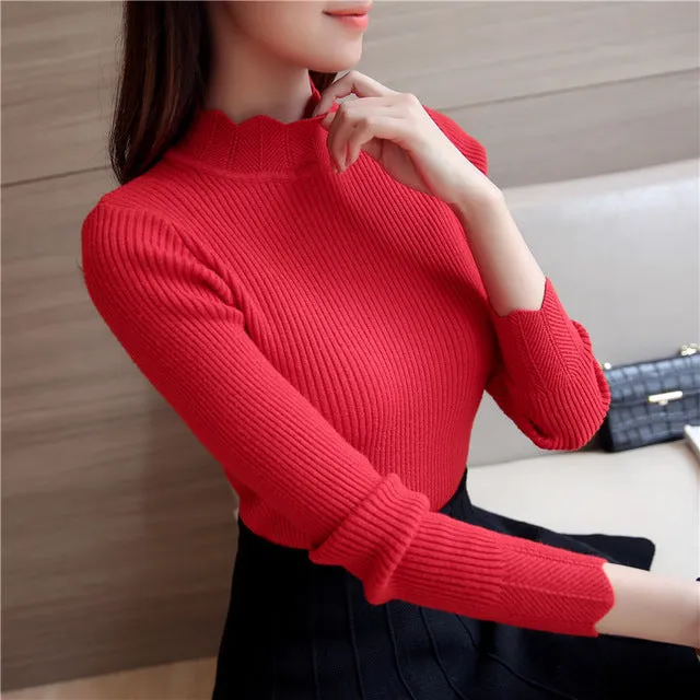 2018 Korean Fashion Women Sweaters and Pullovers Sueter Mujer Ruffled Sleeve Turtleneck Solid Slim Sexy Elastic Women Tops