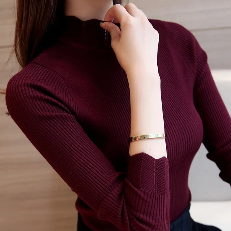 2018 Korean Fashion Women Sweaters and Pullovers Sueter Mujer Ruffled Sleeve Turtleneck Solid Slim Sexy Elastic Women Tops