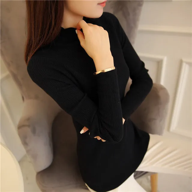2018 Korean Fashion Women Sweaters and Pullovers Sueter Mujer Ruffled Sleeve Turtleneck Solid Slim Sexy Elastic Women Tops