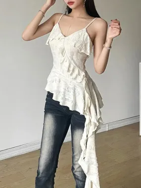 2024 Streetwear Irregular Ruffled Women Backless Camisole Vintage Solid Hole Tanks Summer Grunge Sexy Y2k Aesthetic Long Tops