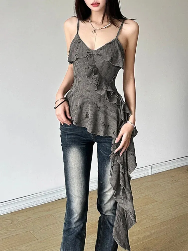 2024 Streetwear Irregular Ruffled Women Backless Camisole Vintage Solid Hole Tanks Summer Grunge Sexy Y2k Aesthetic Long Tops