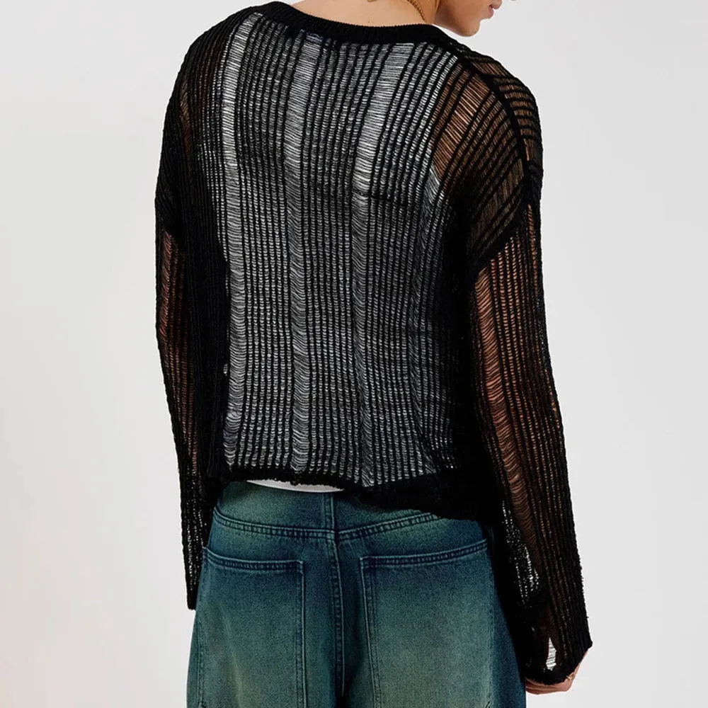 Aidase Mens Hollow See-Through Sexy Knitted Sweater Autumn Genderless Nightclub Elastic Loose Versatile Long-Sleeved Sweater Unisex