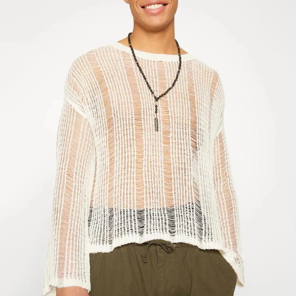 Aidase Mens Hollow See-Through Sexy Knitted Sweater Autumn Genderless Nightclub Elastic Loose Versatile Long-Sleeved Sweater Unisex