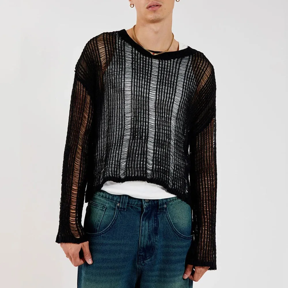 Aidase Mens Hollow See-Through Sexy Knitted Sweater Autumn Genderless Nightclub Elastic Loose Versatile Long-Sleeved Sweater Unisex
