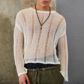 Aidase Mens Hollow See-Through Sexy Knitted Sweater Autumn Genderless Nightclub Elastic Loose Versatile Long-Sleeved Sweater Unisex