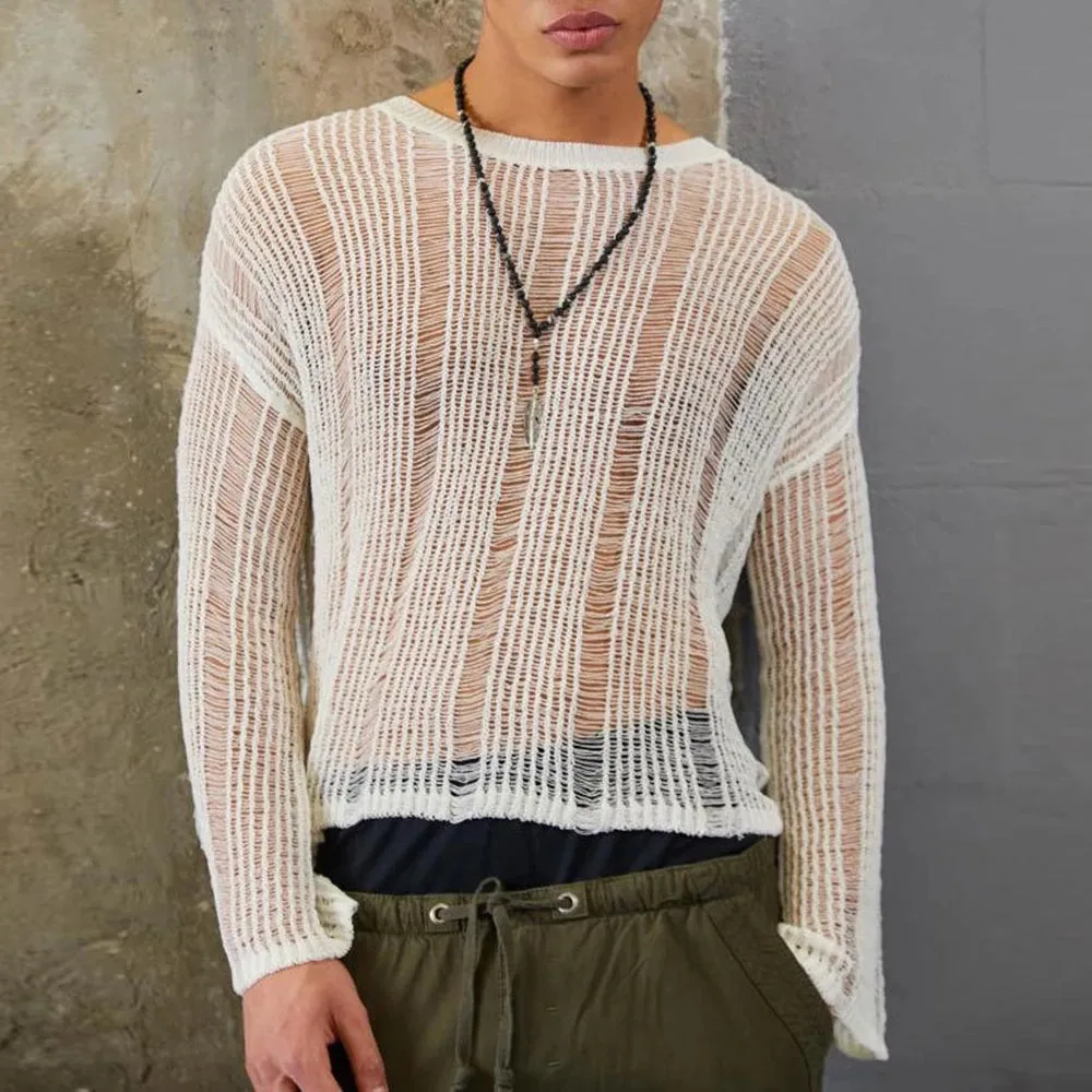 Aidase Mens Hollow See-Through Sexy Knitted Sweater Autumn Genderless Nightclub Elastic Loose Versatile Long-Sleeved Sweater Unisex