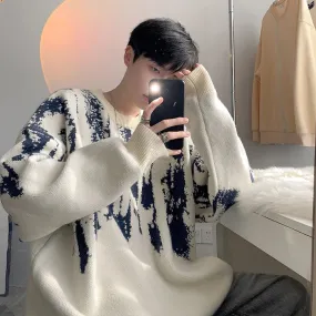 Aidase mens outfits Autumn Clothing Men's Knitted Luxury Printed Pullovers Sweater Casual Vintage Loose O Neck Solid Color Long Sleeve Knitwear