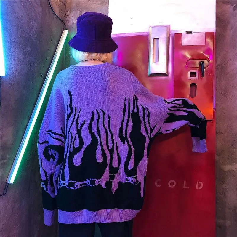 Autumn Winter Harajuku Flame Knitting Batwing Sleeve Sweater Casual Long Women Tide Printed Sweater Loose Boyfriend Pullovers