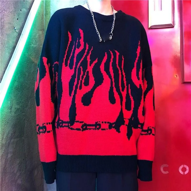 Autumn Winter Harajuku Flame Knitting Batwing Sleeve Sweater Casual Long Women Tide Printed Sweater Loose Boyfriend Pullovers