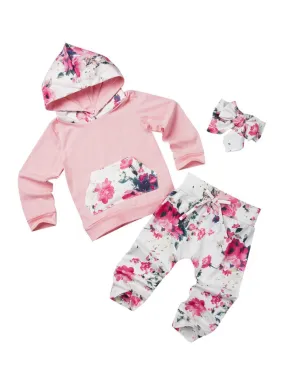 Baby Girl 3-Piece Floral Causal Hoodie Matching Pull-on Pants Headband