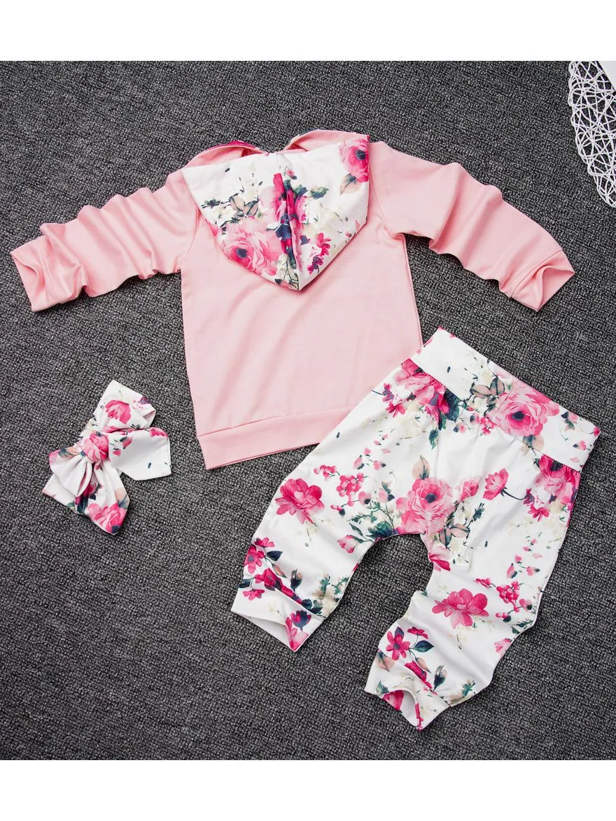 Baby Girl 3-Piece Floral Causal Hoodie Matching Pull-on Pants Headband