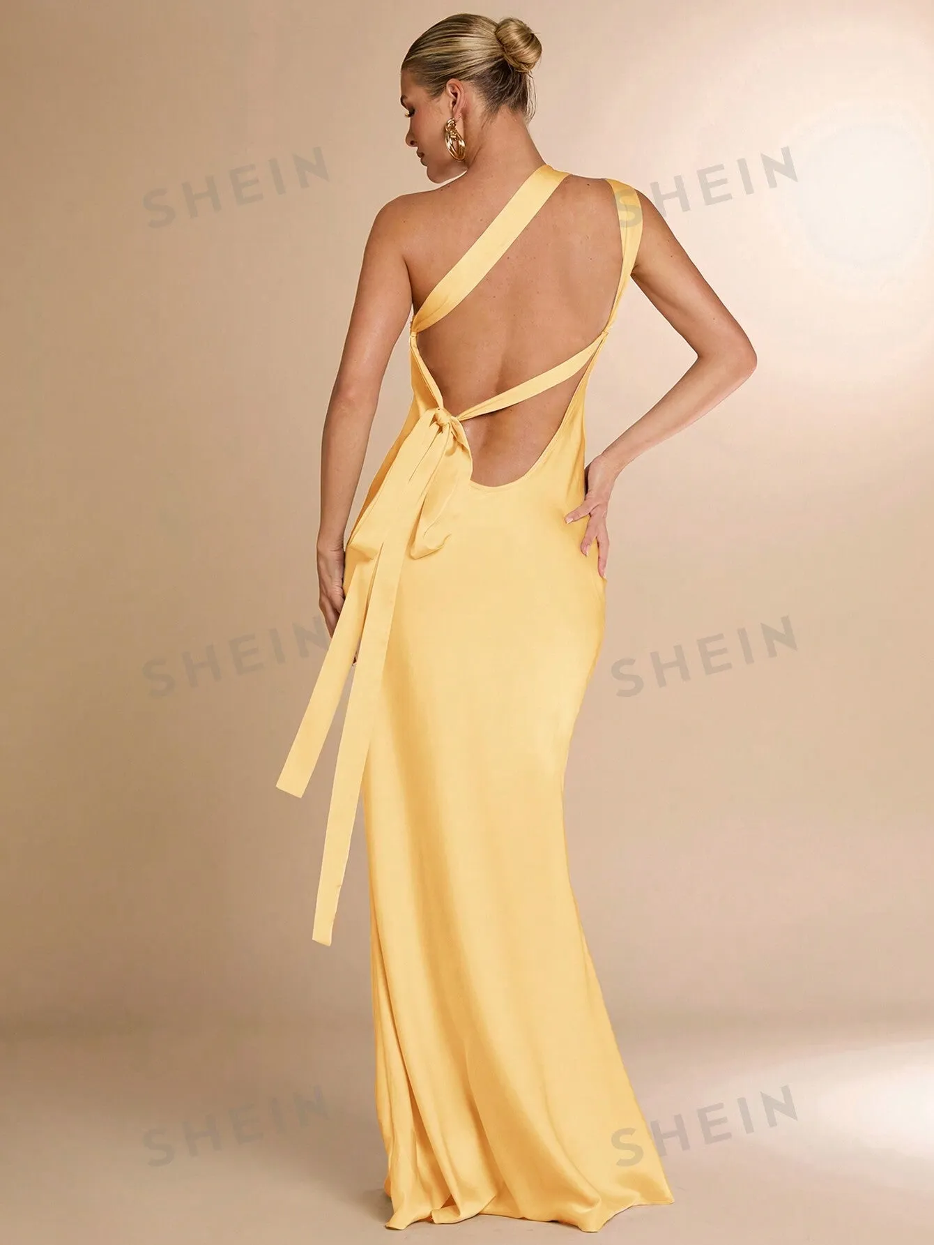 BAE Sexy Minimalist Solid Satin One Shoulder Backless Dress