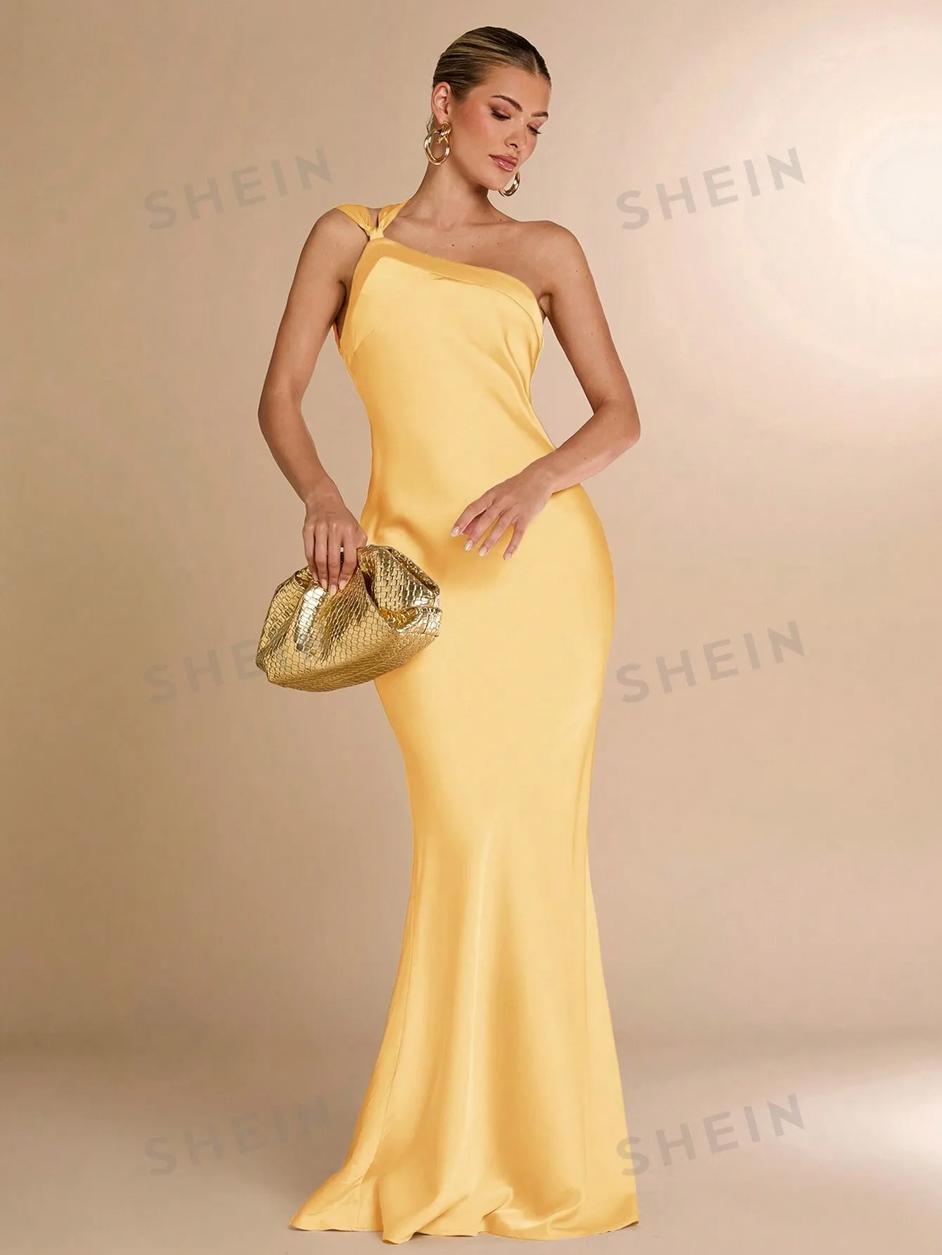 BAE Sexy Minimalist Solid Satin One Shoulder Backless Dress