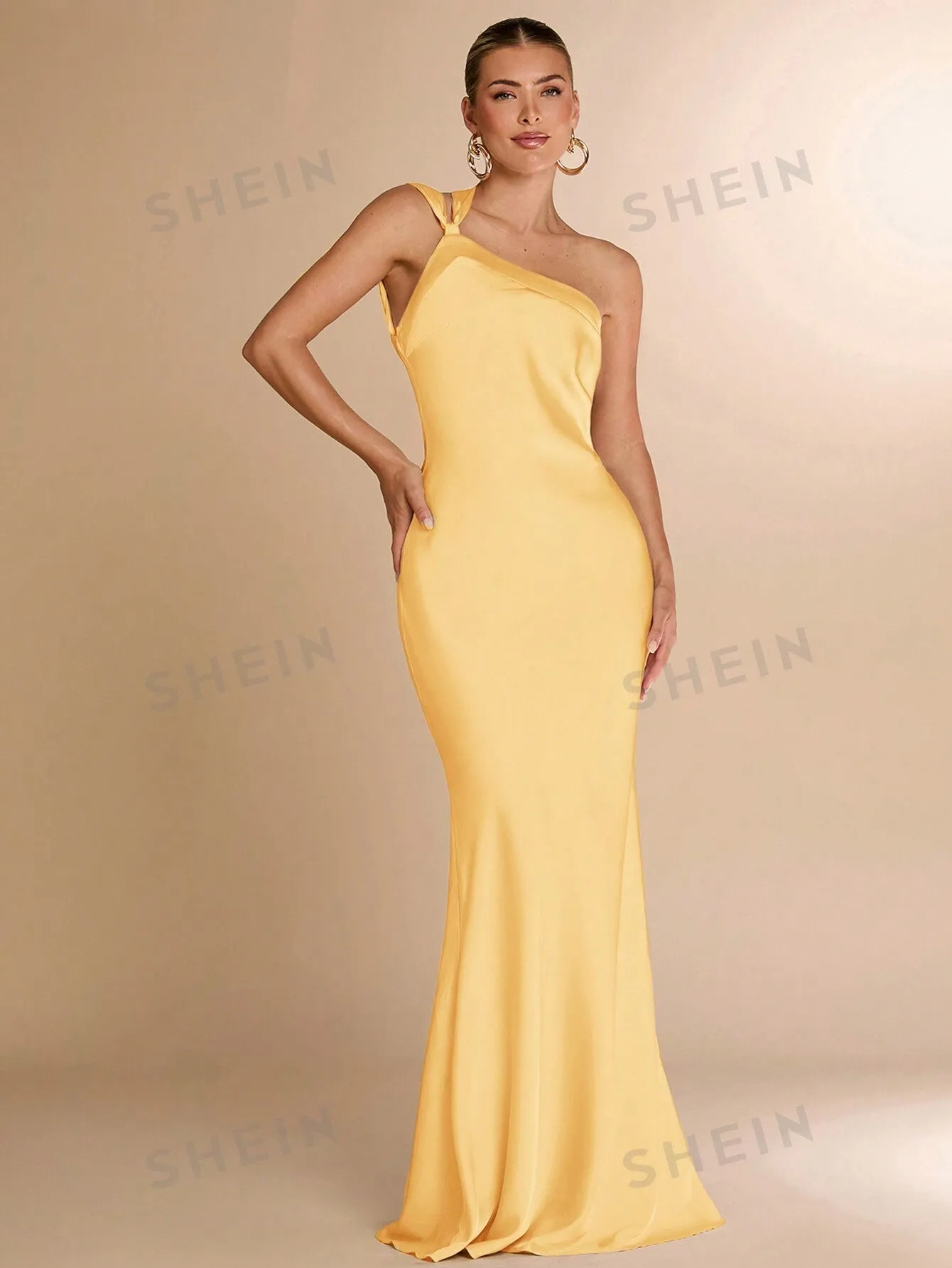 BAE Sexy Minimalist Solid Satin One Shoulder Backless Dress