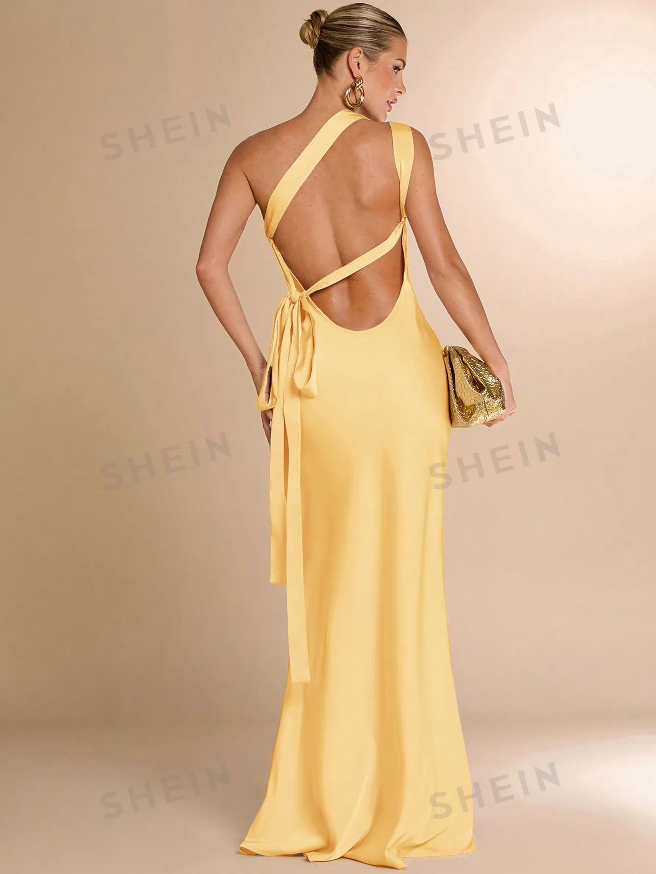 BAE Sexy Minimalist Solid Satin One Shoulder Backless Dress