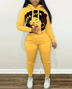 Black Girl Magic Pocket Hooded Collar Long Sleeve Two Pieces