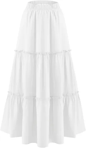 BOMAROLAN Women's Maxi Skirts Summer Elastic High Waist Boho Flowy Skirt A Line Long Skirts Ruffle Swing Beach Skirts