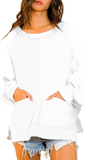 Borniu Women's Oversized Lightweight Sweatshirt with Side Slit Soft Crew Neck Pullover Long Sleeve Tops 2024 Fashion Clothes