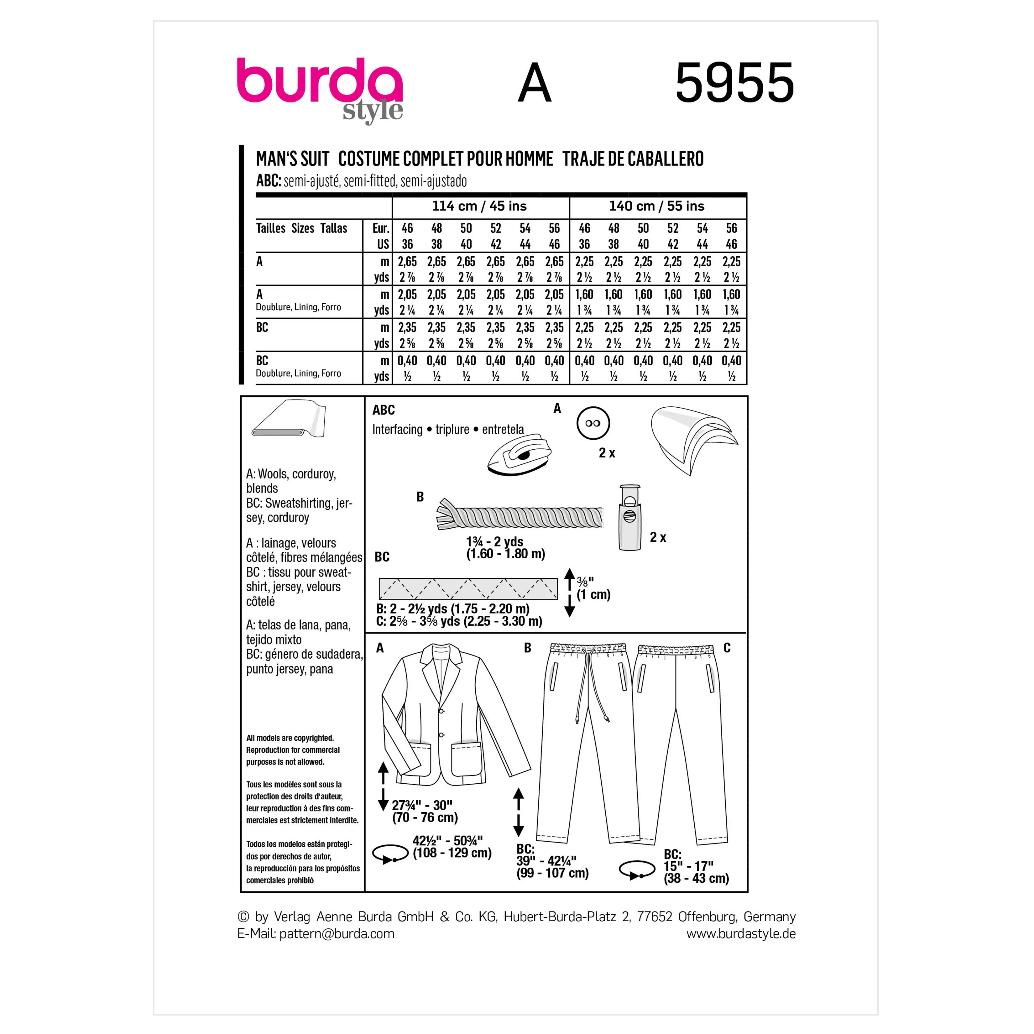 Burda Sewing Pattern 5955 Men’s Suit