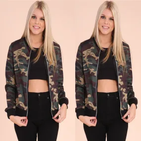 Camouflage Zippered Scoop Short Coat