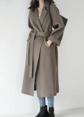 Casual Grey Coffee Colour Notched Solid Woolen Long Coats Fall