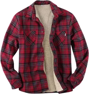 Casual Plaid Sherpa Fleece Lined Jackets for Mens Lapel Long Sleeves Button Down Coats Fashion Outwear Warm Tops