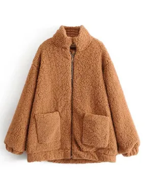 Casual Stand Collar Women Fleece Coats