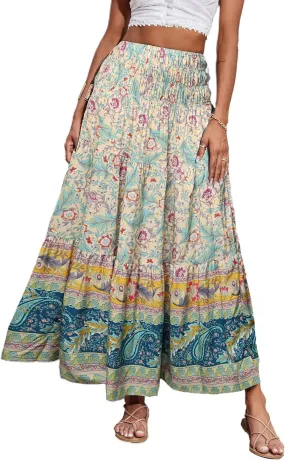 CFLONGE Women's 2025 Bohemian Long Skirts Flowy High Waist A Line Maxi Skirts for Women Summer Pleated Mini Skirts