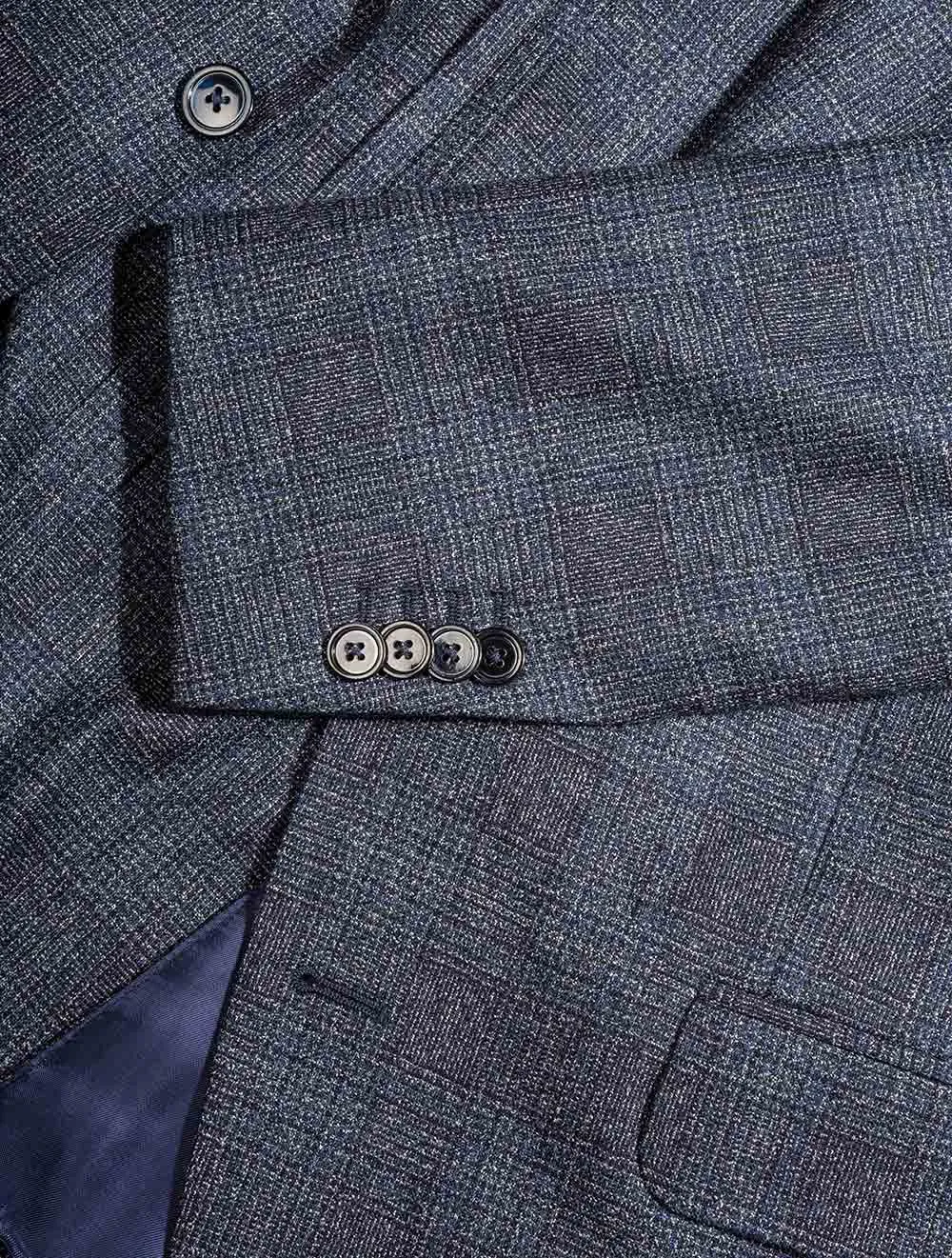 Check Three Piece Suit with Peaked Lapel and Double Breasted Waistcoat Blue