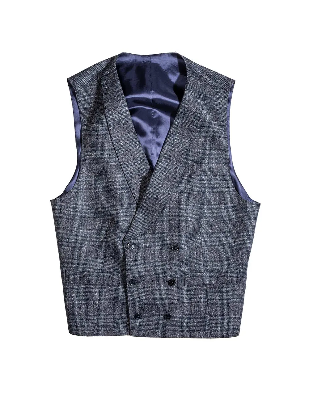 Check Three Piece Suit with Peaked Lapel and Double Breasted Waistcoat Blue