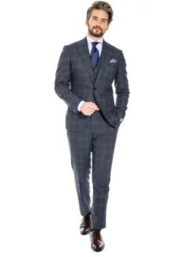 Check Three Piece Suit with Peaked Lapel and Double Breasted Waistcoat Blue