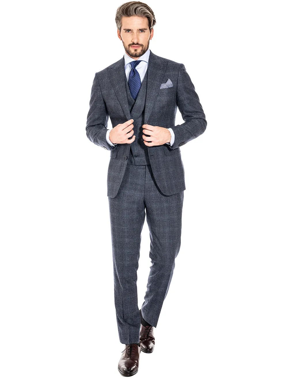 Check Three Piece Suit with Peaked Lapel and Double Breasted Waistcoat Blue