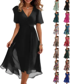 Chiffon Dresses for Women Summer Sexy Wrap V Neck Cocktail Party Dresses Floral Print Flowy Wedding Guest Midi Dress
