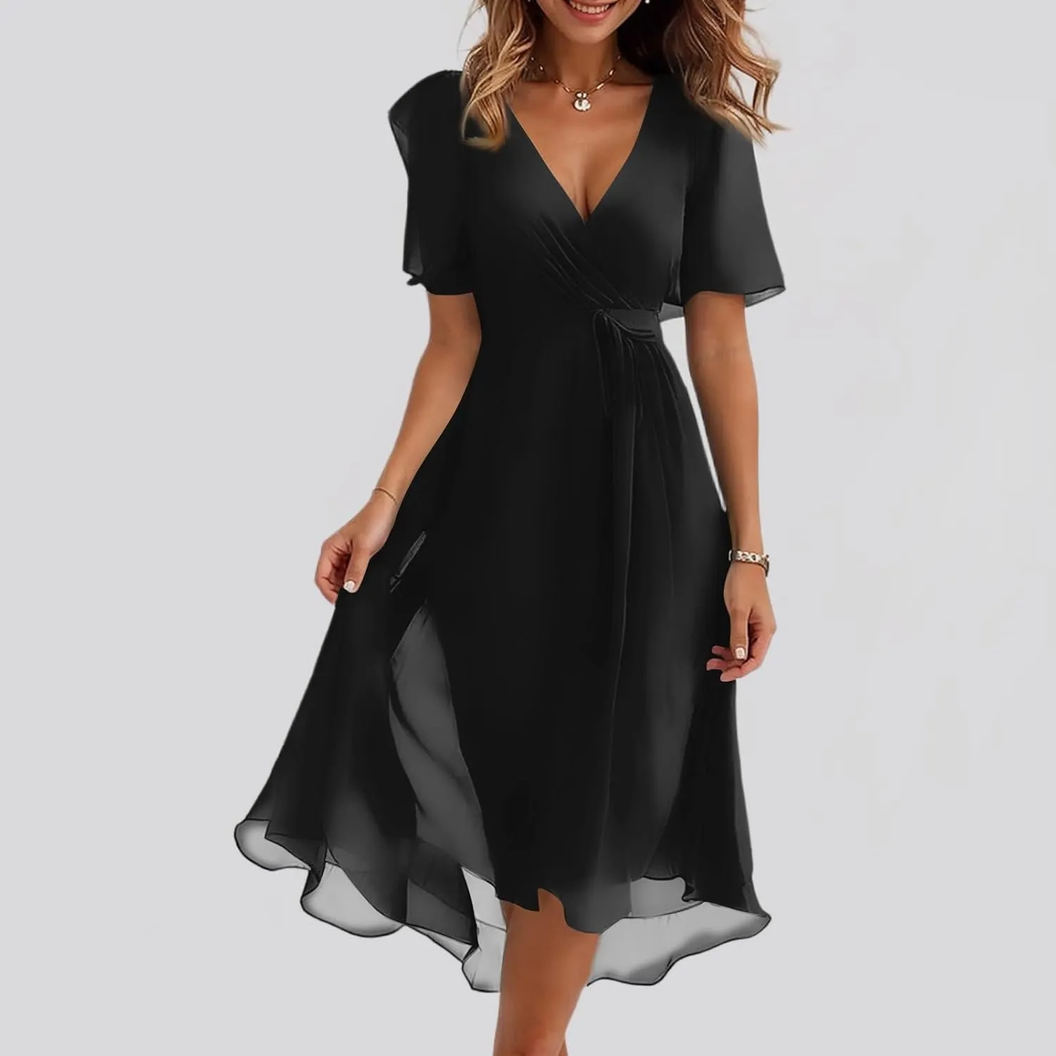 Chiffon Dresses for Women Summer Sexy Wrap V Neck Cocktail Party Dresses Floral Print Flowy Wedding Guest Midi Dress