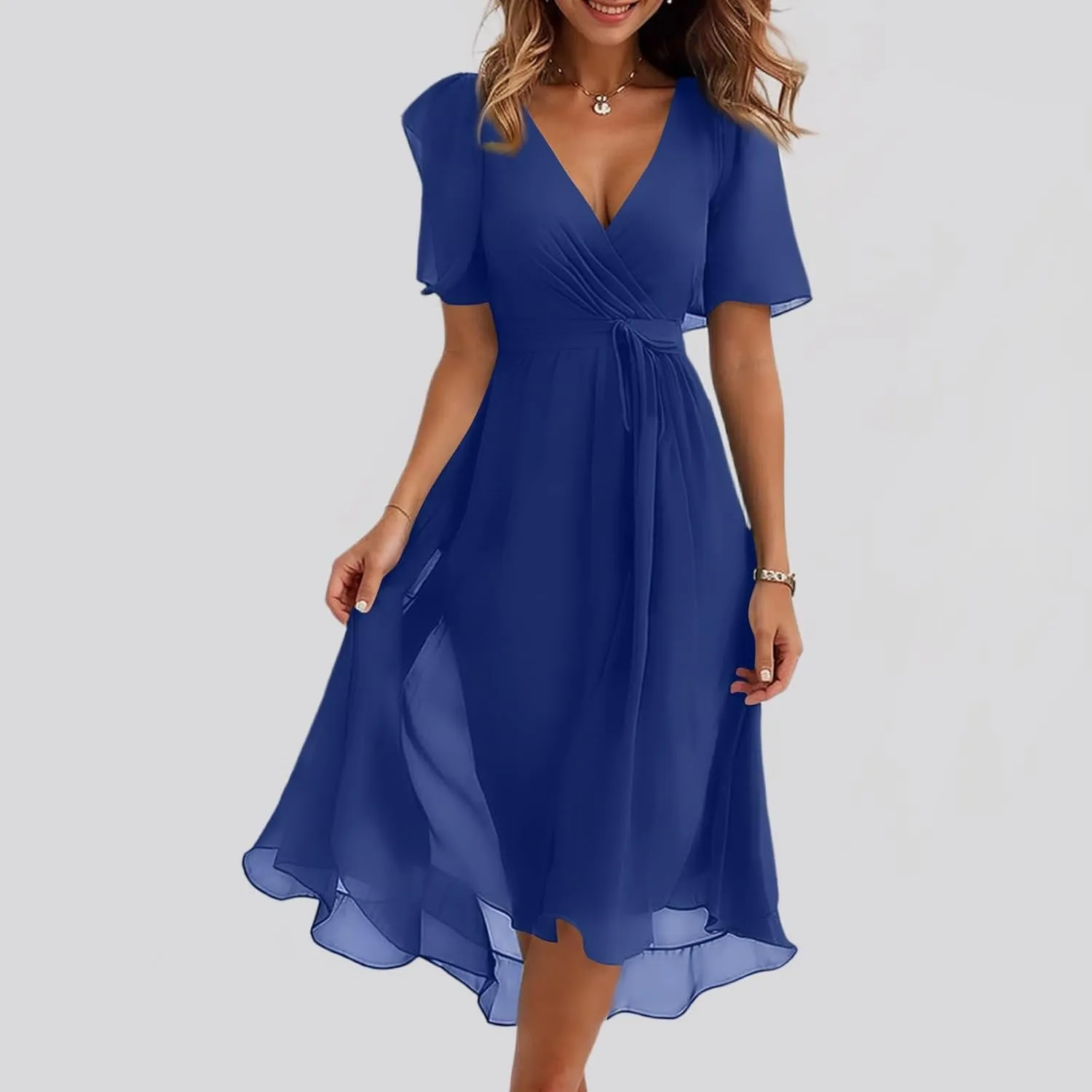 Chiffon Dresses for Women Summer Sexy Wrap V Neck Cocktail Party Dresses Floral Print Flowy Wedding Guest Midi Dress