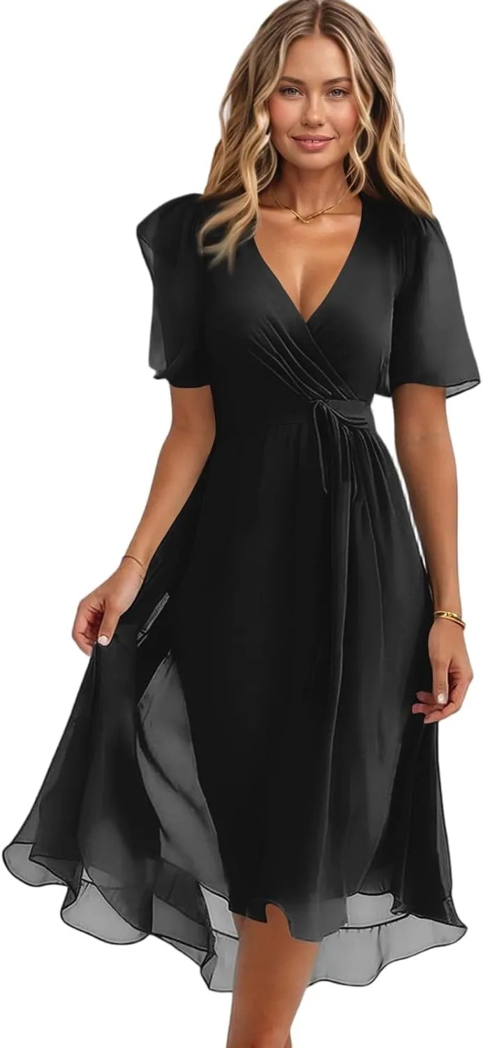 Chiffon Dresses for Women Summer Sexy Wrap V Neck Cocktail Party Dresses Floral Print Flowy Wedding Guest Midi Dress