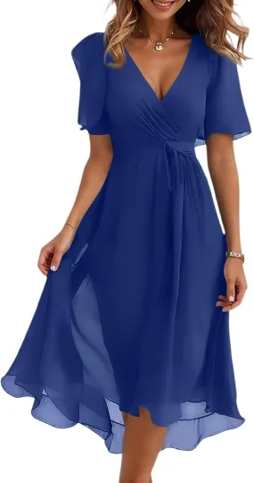 Chiffon Dresses for Women Summer Sexy Wrap V Neck Cocktail Party Dresses Floral Print Flowy Wedding Guest Midi Dress