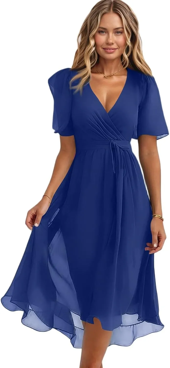 Chiffon Dresses for Women Summer Sexy Wrap V Neck Cocktail Party Dresses Floral Print Flowy Wedding Guest Midi Dress