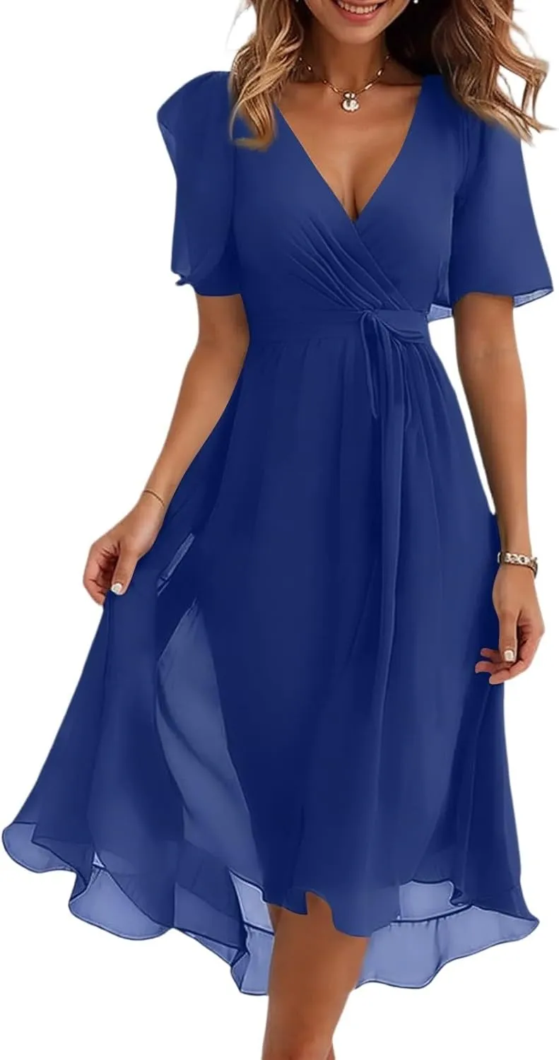 Chiffon Dresses for Women Summer Sexy Wrap V Neck Cocktail Party Dresses Floral Print Flowy Wedding Guest Midi Dress