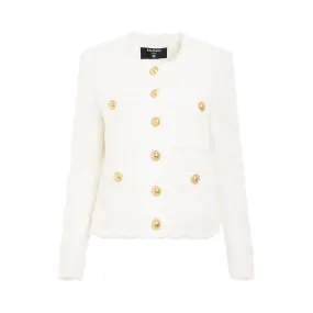Collarless 4 Pockets Tweed Jacket in White
