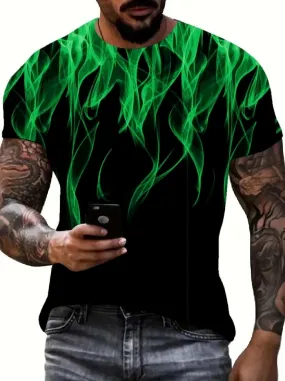 Cool 3D Flame Print T-Shirt Casual Funny Fire Pattern Pullover Unisex Fashion Tops Green