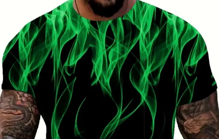 Cool 3D Flame Print T-Shirt Casual Funny Fire Pattern Pullover Unisex Fashion Tops Green