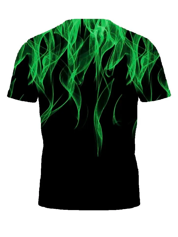 Cool 3D Flame Print T-Shirt Casual Funny Fire Pattern Pullover Unisex Fashion Tops Green