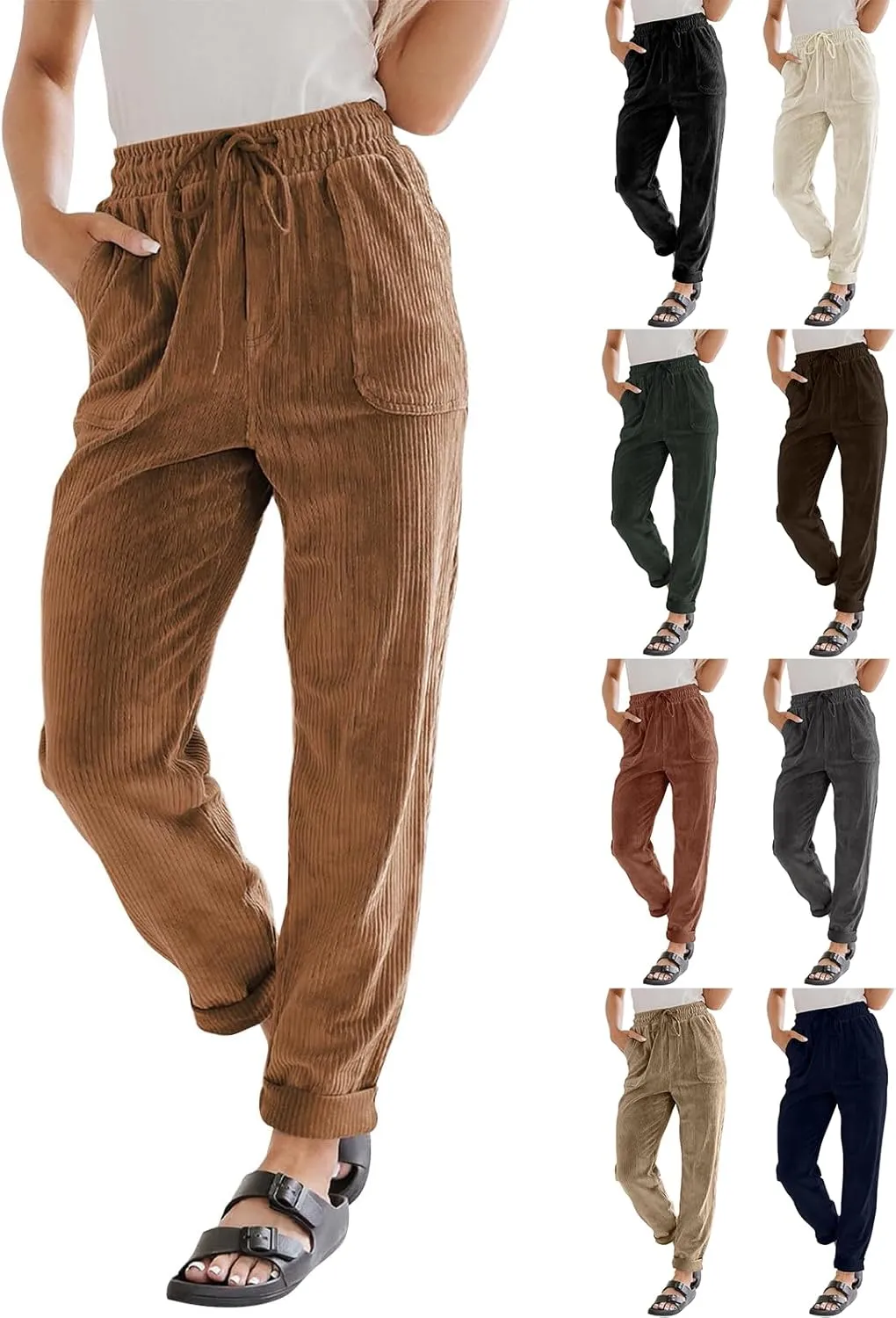 Corduroy Pants Women Casual Elastic High Waisted Straight Leg Pants Soft Comfy Drawstring Lounge Trousers
