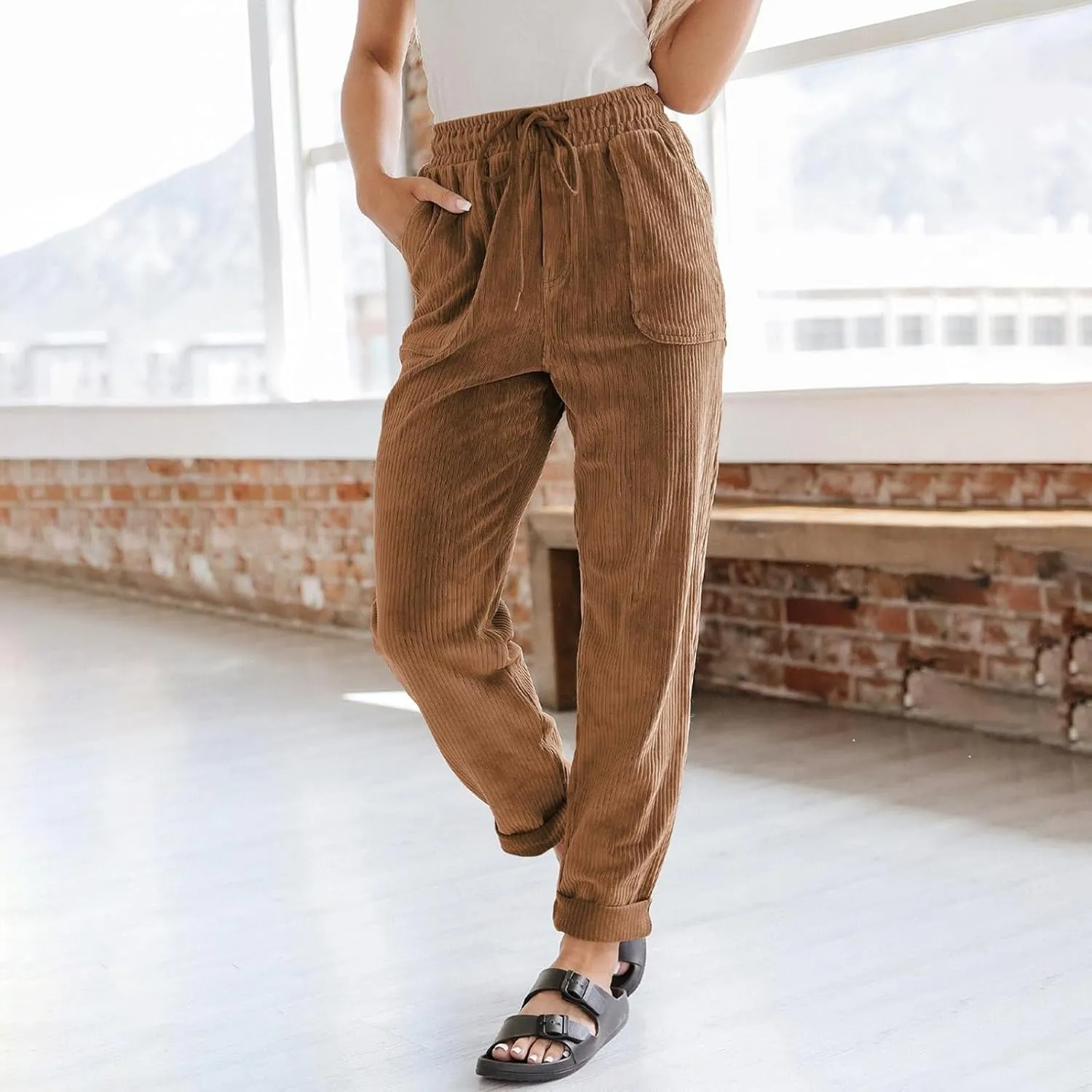 Corduroy Pants Women Casual Elastic High Waisted Straight Leg Pants Soft Comfy Drawstring Lounge Trousers