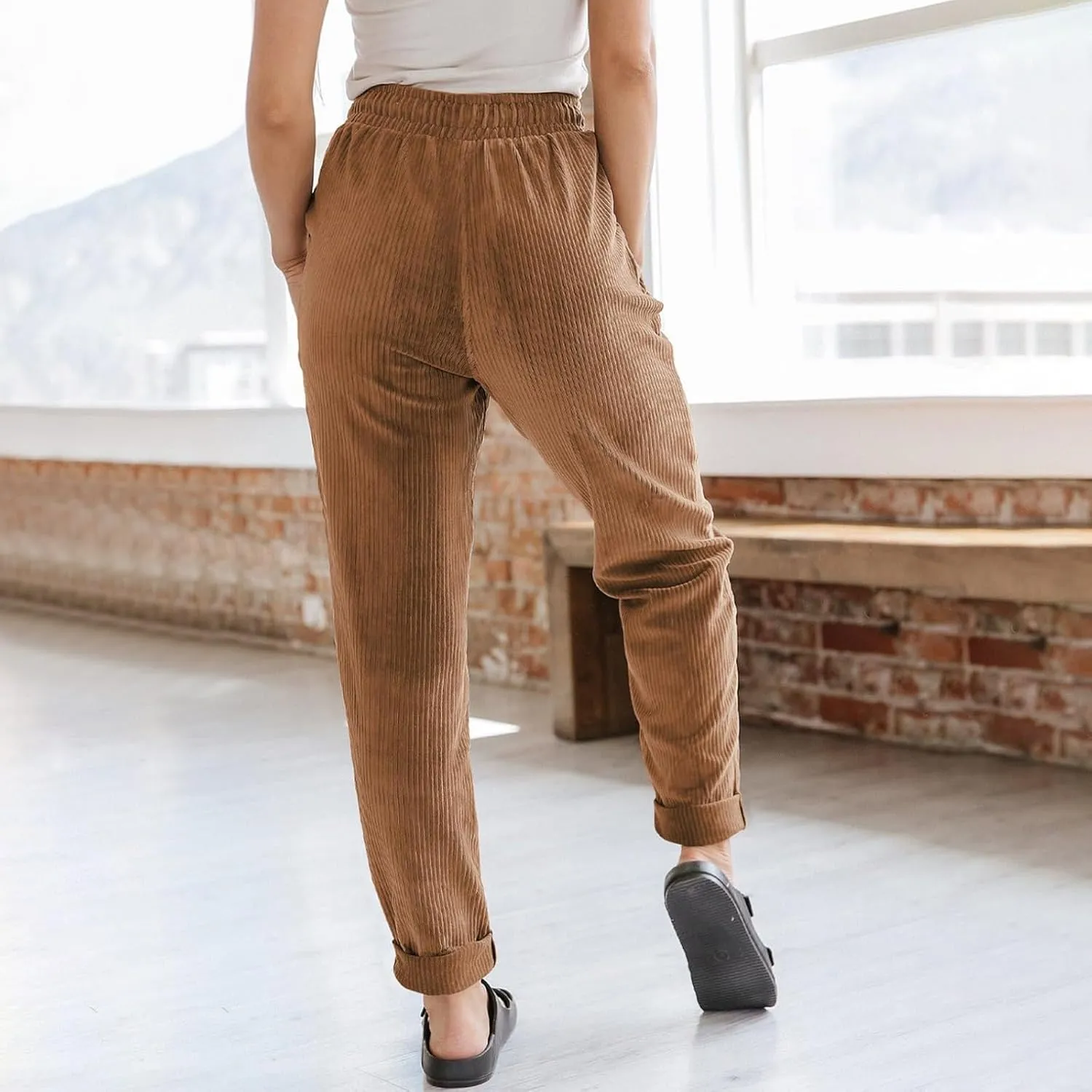 Corduroy Pants Women Casual Elastic High Waisted Straight Leg Pants Soft Comfy Drawstring Lounge Trousers
