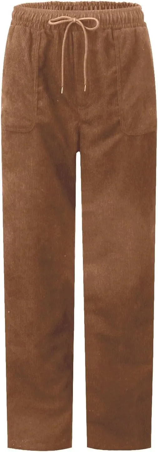 Corduroy Pants Women Casual Elastic High Waisted Straight Leg Pants Soft Comfy Drawstring Lounge Trousers