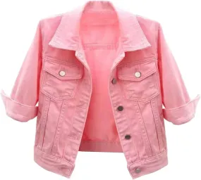 Cropped Jean Jacket for Women 3/4 Sleeve Short Denim Jacket Colored Casual Light Button Crop Trucker Jean Jackets Coat