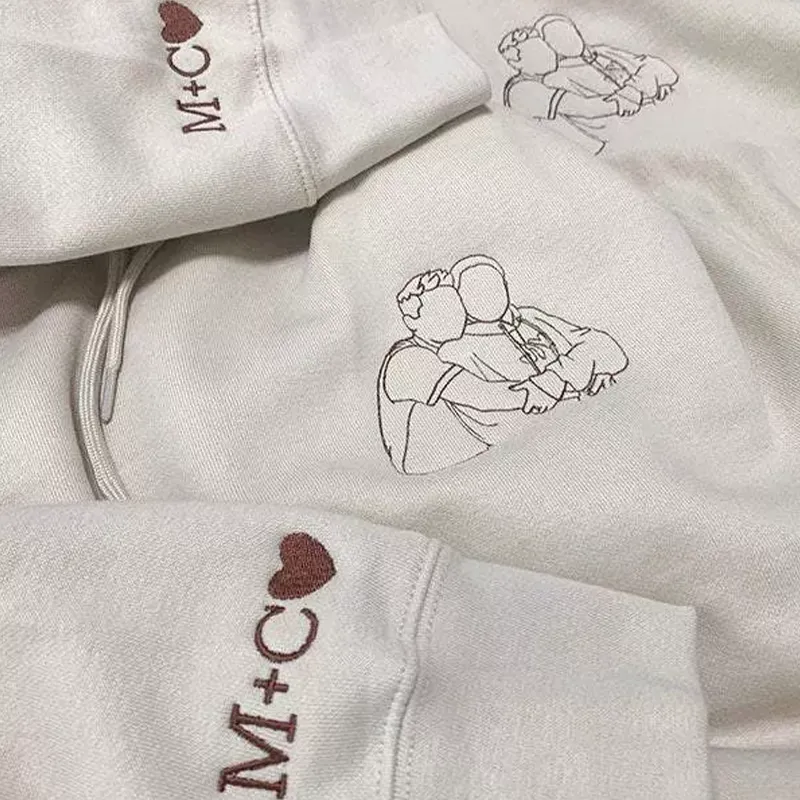 Custom Embroidered Hoodie with Personalized Line Drawing Photo