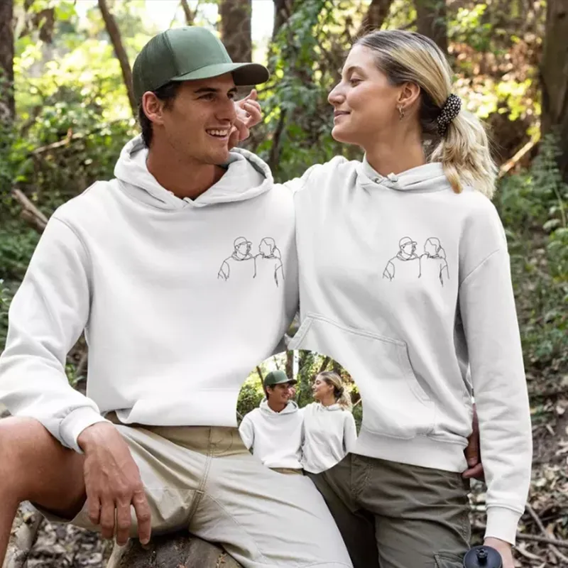 Custom Embroidered Hoodie with Personalized Line Drawing Photo